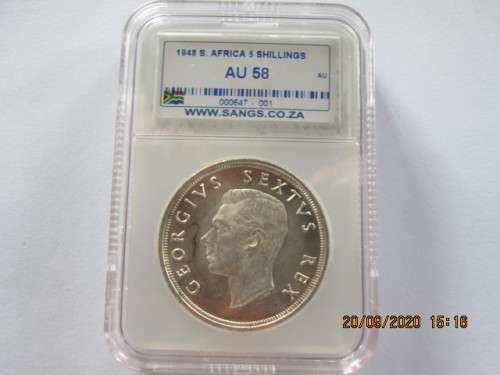 Great...Graded AU 58 SANGS 1948 SA Union 5 Shillings/Crown 80% silver
